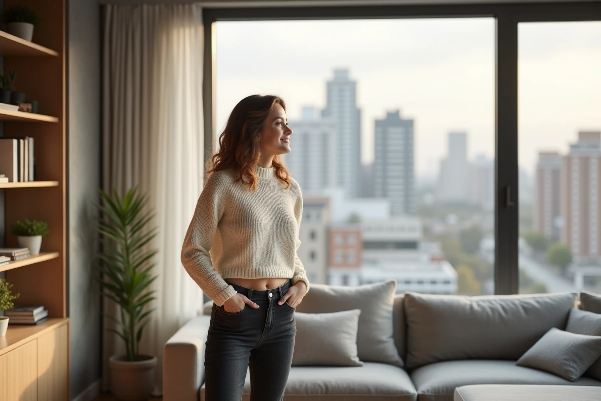 Femme élégante et souriante dans un appartement moderne, portrait intimiste illustrant une personnalité discrète et authentique