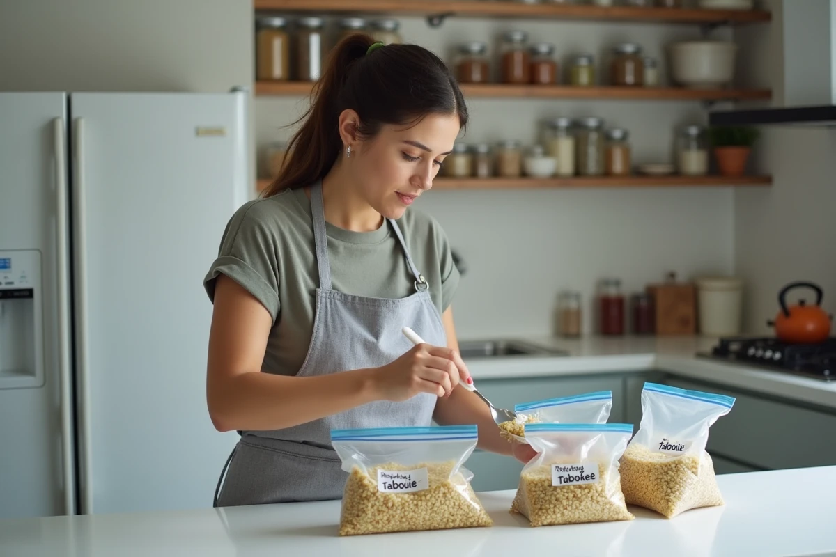 Femme versant du taboulé dans des sacs de congélation transparents étiquetés dans une cuisine moderne bien rangée
