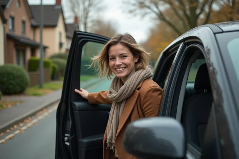 Femme souriante entrant dans un taxi moderne en banlieue