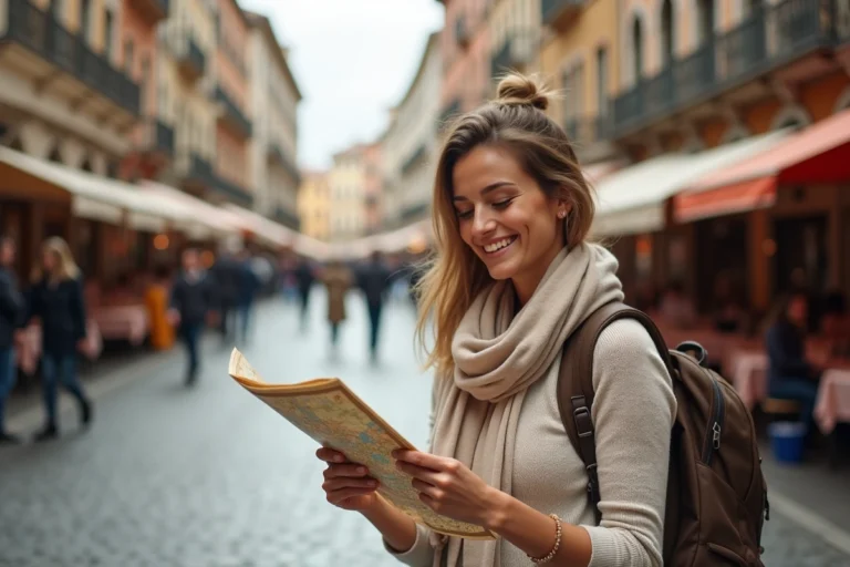 Femme souriante vérifiant une carte vintage en ville