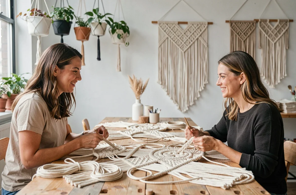 Deux femmes pratiquant le macramé ensemble dans un atelier créatif urbain, travaillant des cordes en coton naturel avec sourires et complicité