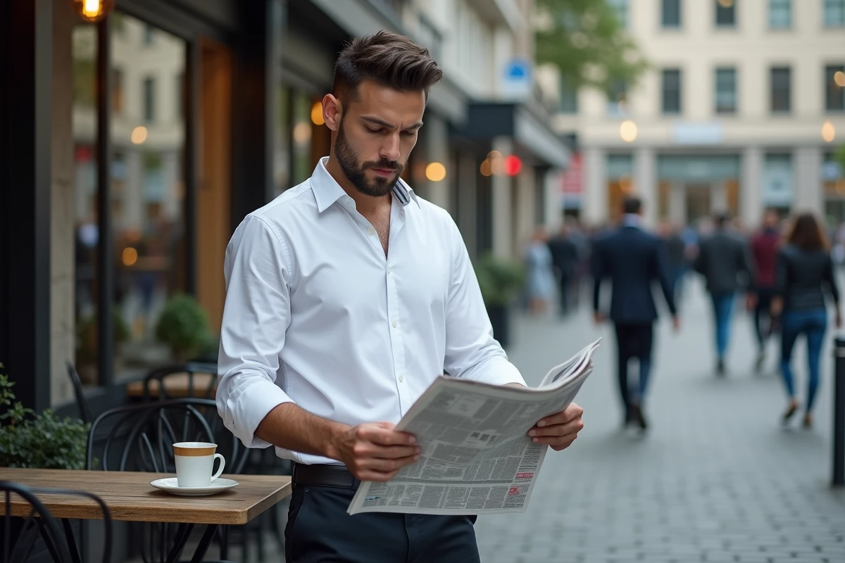 Homme d'affaires lisant un journal financier en terrasse de café dans un quartier d'affaires européen