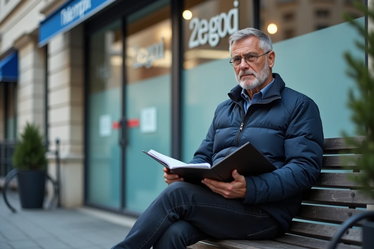 Homme assis devant une agence Pôle Emploi tenant un dossier de demande d'allocations chômage