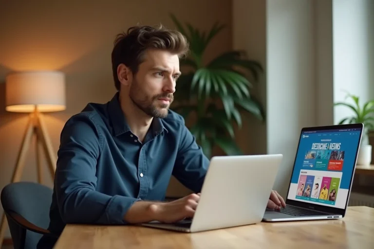 Homme consultant les dernières actualités et bons plans sur le site Mister Free Free depuis son bureau à domicile
