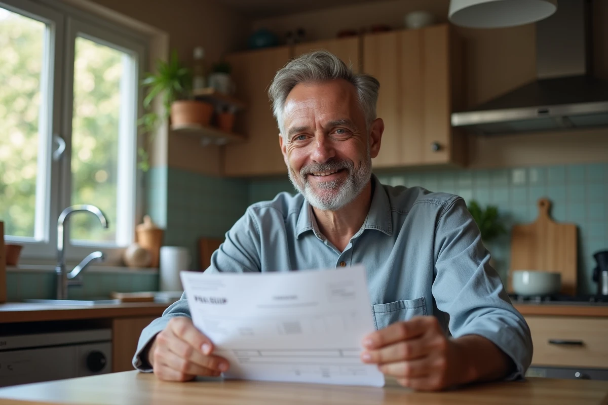 Homme au domicile consulte sa fiche de paie à la maison