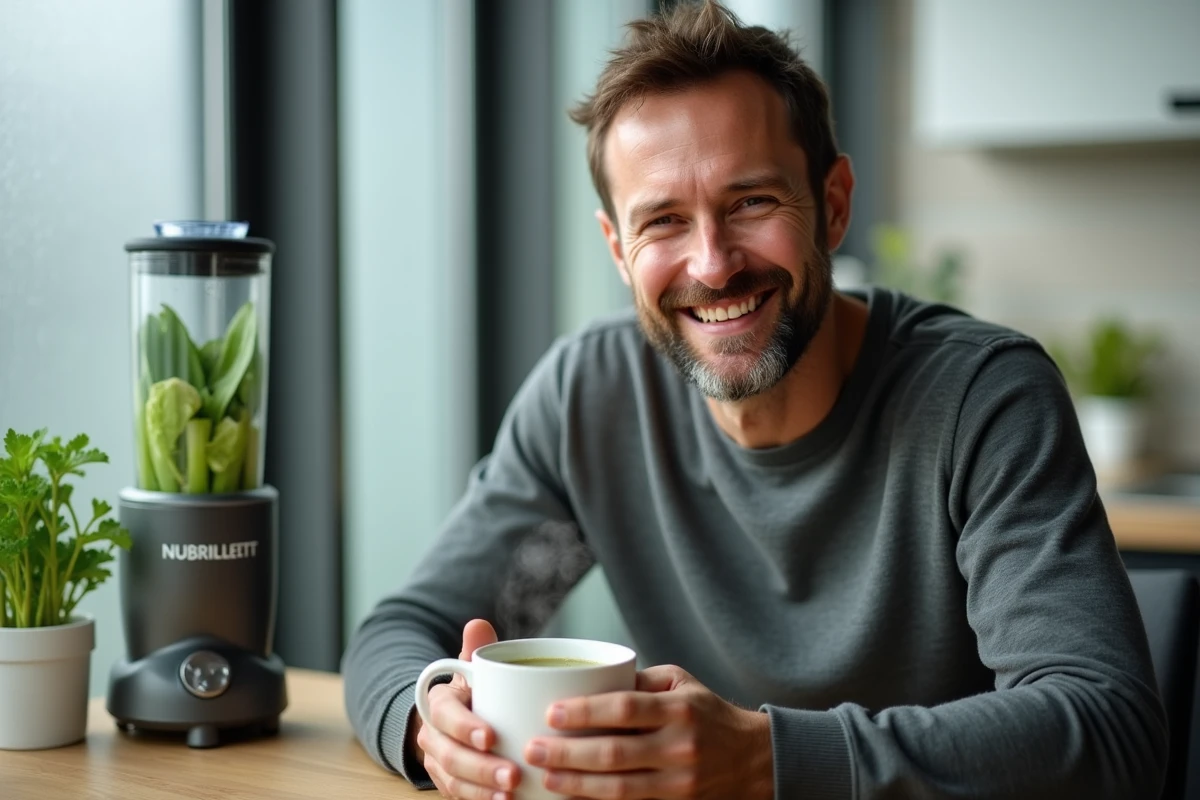 Homme dégustant une soupe verte chaude préparée au Nutribullet dans une salle à manger moderne
