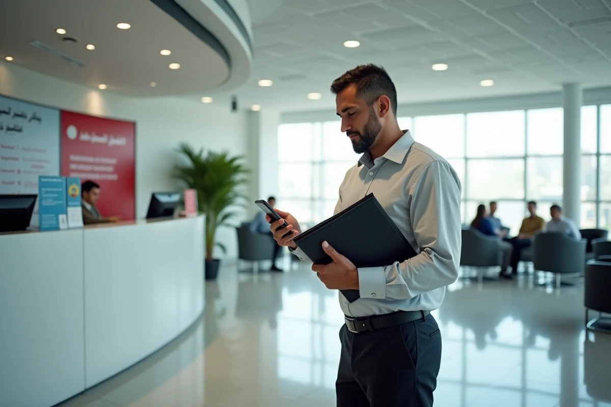 Homme marocain dans un centre de visa avec dossier et téléphone