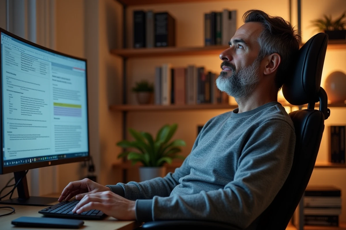 Homme consultant les résultats d'une plateforme IA française sur un écran dans un bureau à domicile