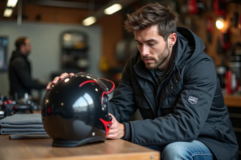 Jeune homme ajustant son casque moto dans un atelier