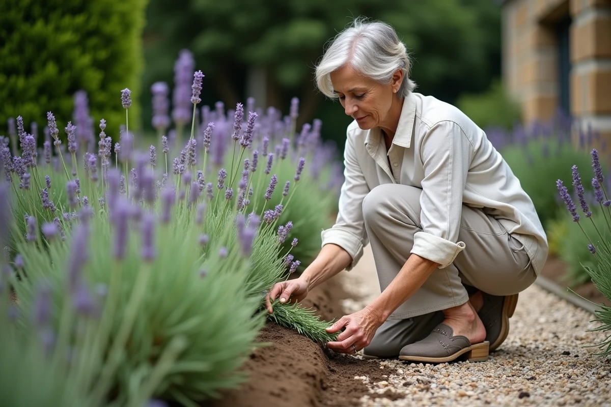 Femme méditerranéenne plantant du romarin dans un jardin