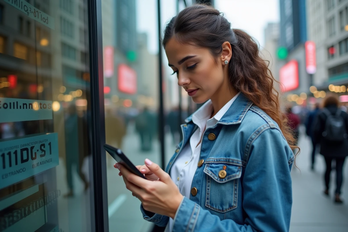 Jeune femme vérifiant les heures de bourse sur son smartphone