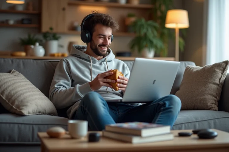 Jeune homme regardant du streaming sportif sur son ordinateur portable
