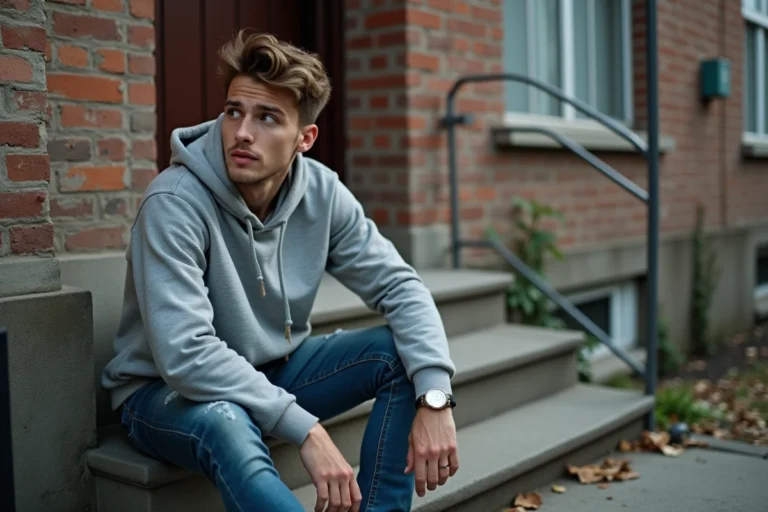 Jeune homme pensif assis sur un escalier urbain
