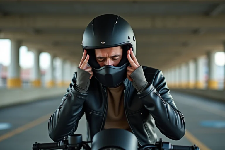 Motard tenant sa tempe après une douleur de tête causée par le port du casque moto