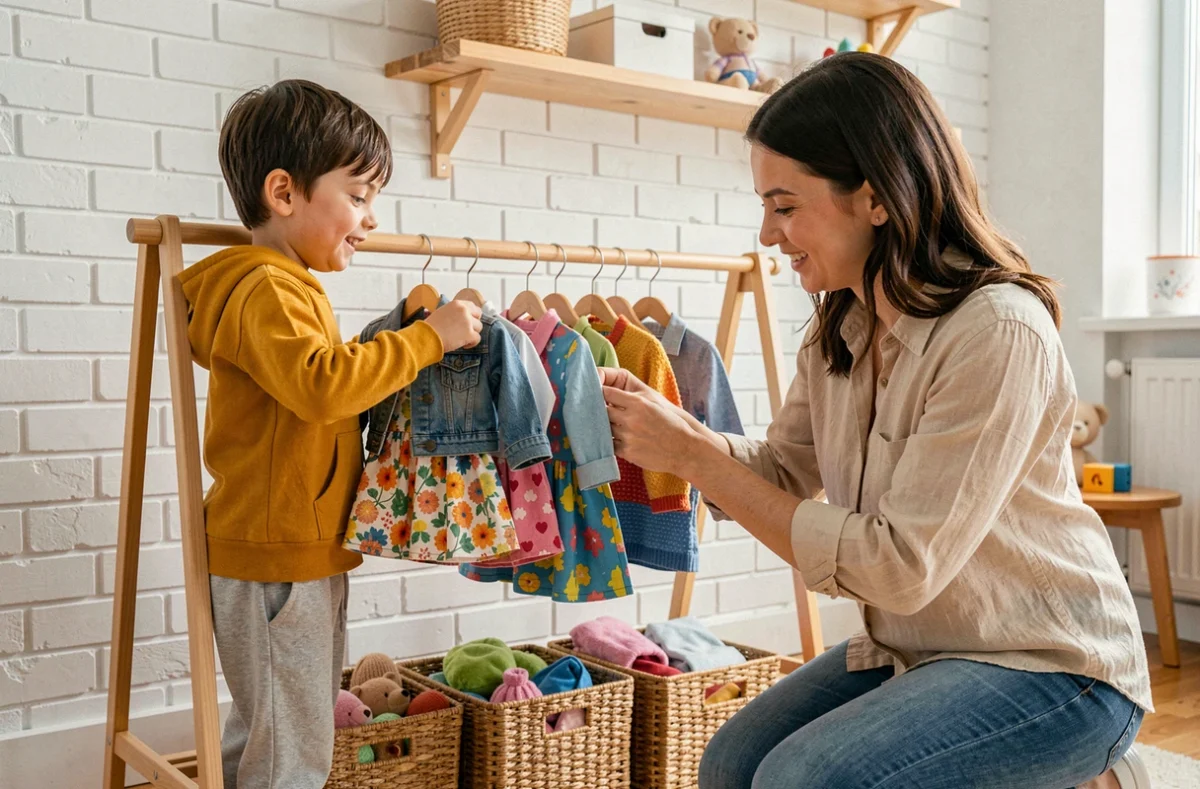 Mère et fils organisant une garde-robe enfant colorée avec des vêtements triés sur un portant en bois