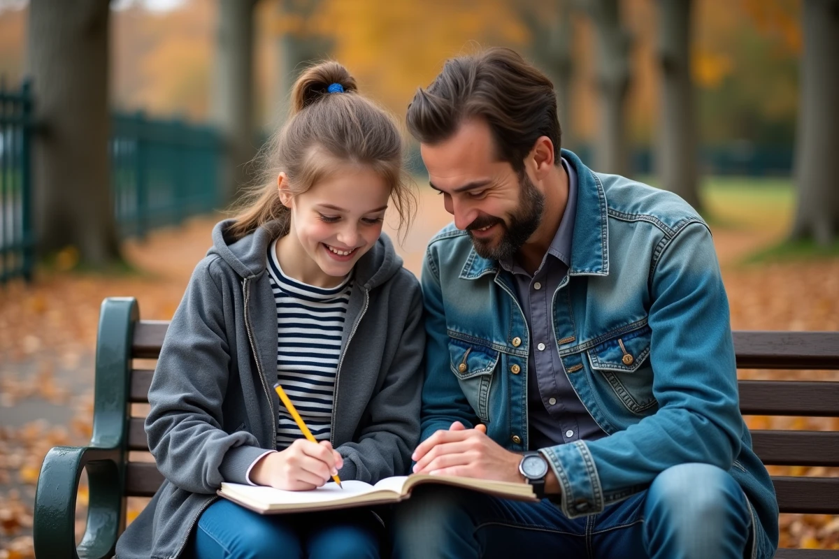 Père et fille adolescente partageant un carnet de dessin sur un banc de parc en automne, moment de complicité familiale en plein air