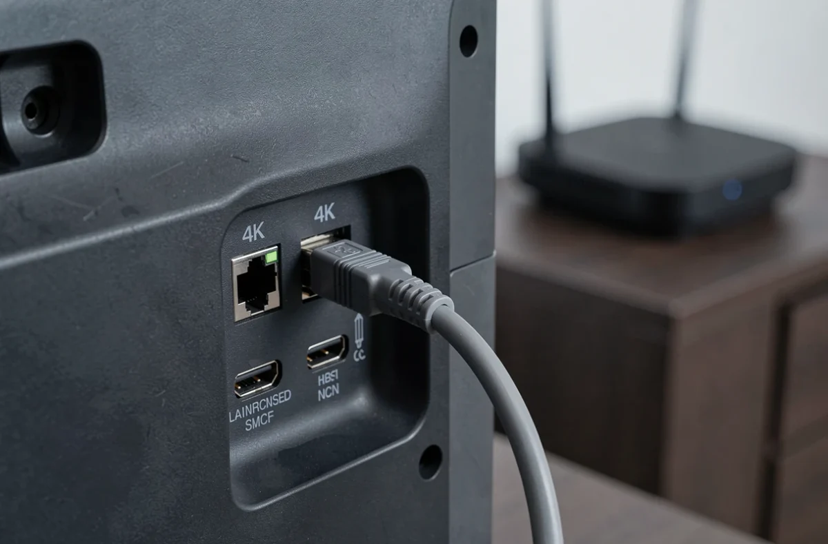 Gros plan sur les ports ethernet et HDMI à l'arrière d'un téléviseur pour raccordement réseau IPTV