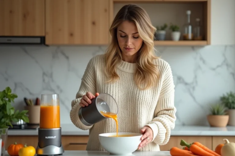 Femme préparant une soupe chaude de légumes avec un Nutribullet dans une cuisine moderne