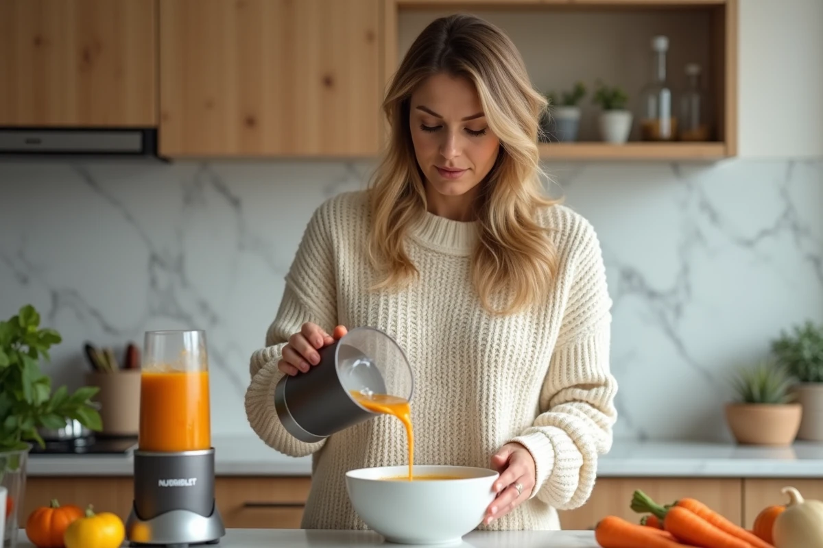 Femme préparant une soupe chaude de légumes avec un Nutribullet dans une cuisine moderne