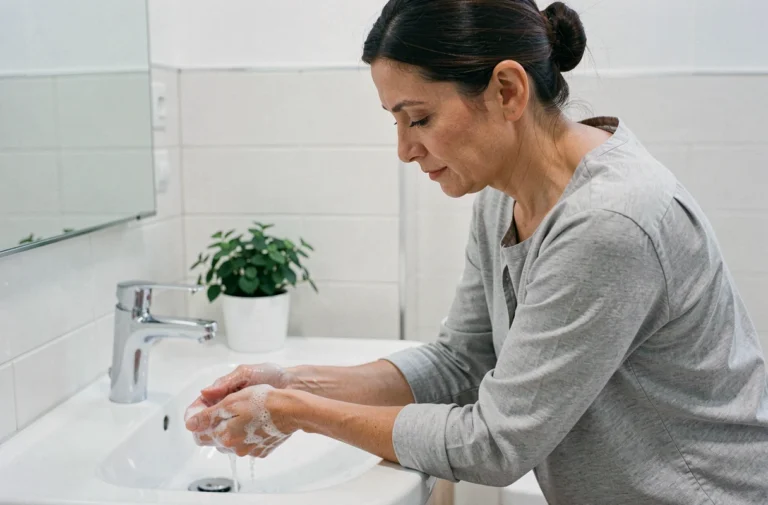 Femme se lavant les mains soigneusement au lavabo pour prévenir les maladies courantes au quotidien