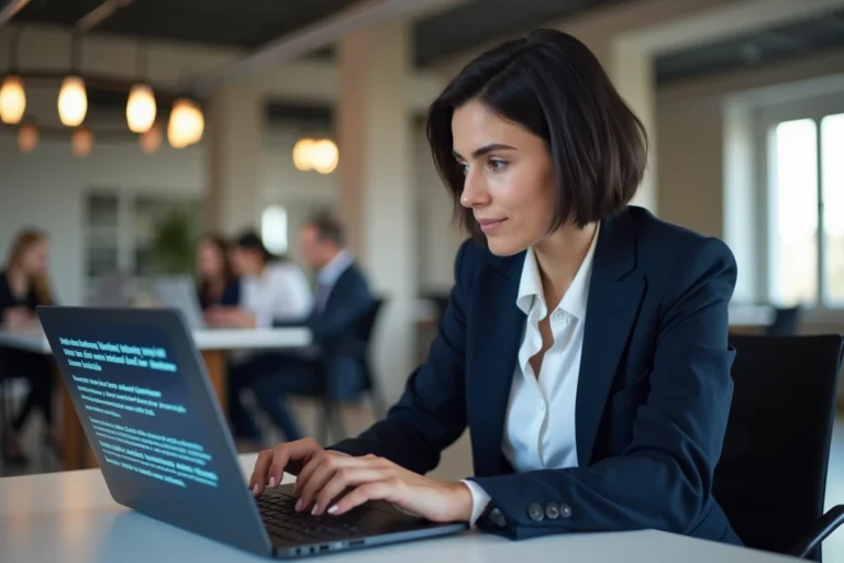 Professionnelle française utilisant une plateforme d'intelligence artificielle sur un ordinateur portable dans un bureau moderne à Paris