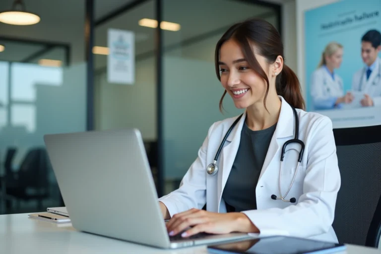 Jeune professionnelle de santé utilisant un ordinateur numérique