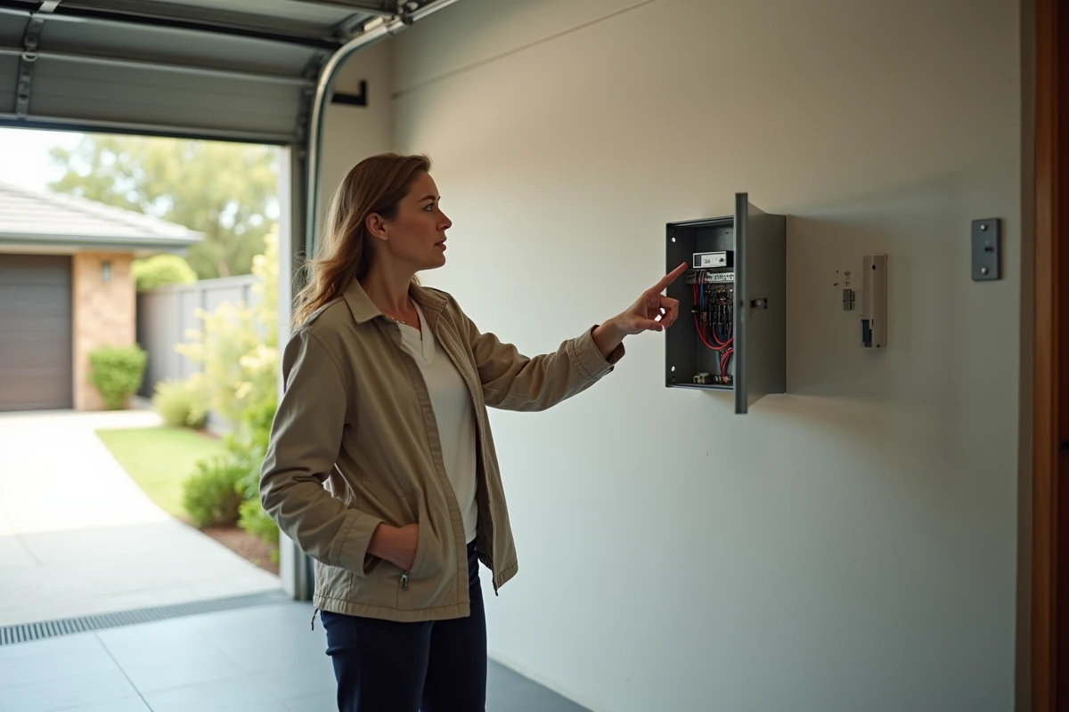 Femme expliquant les étapes de programmation d'une motorisation Hormann SupraMatic E2 dans un garage résidentiel