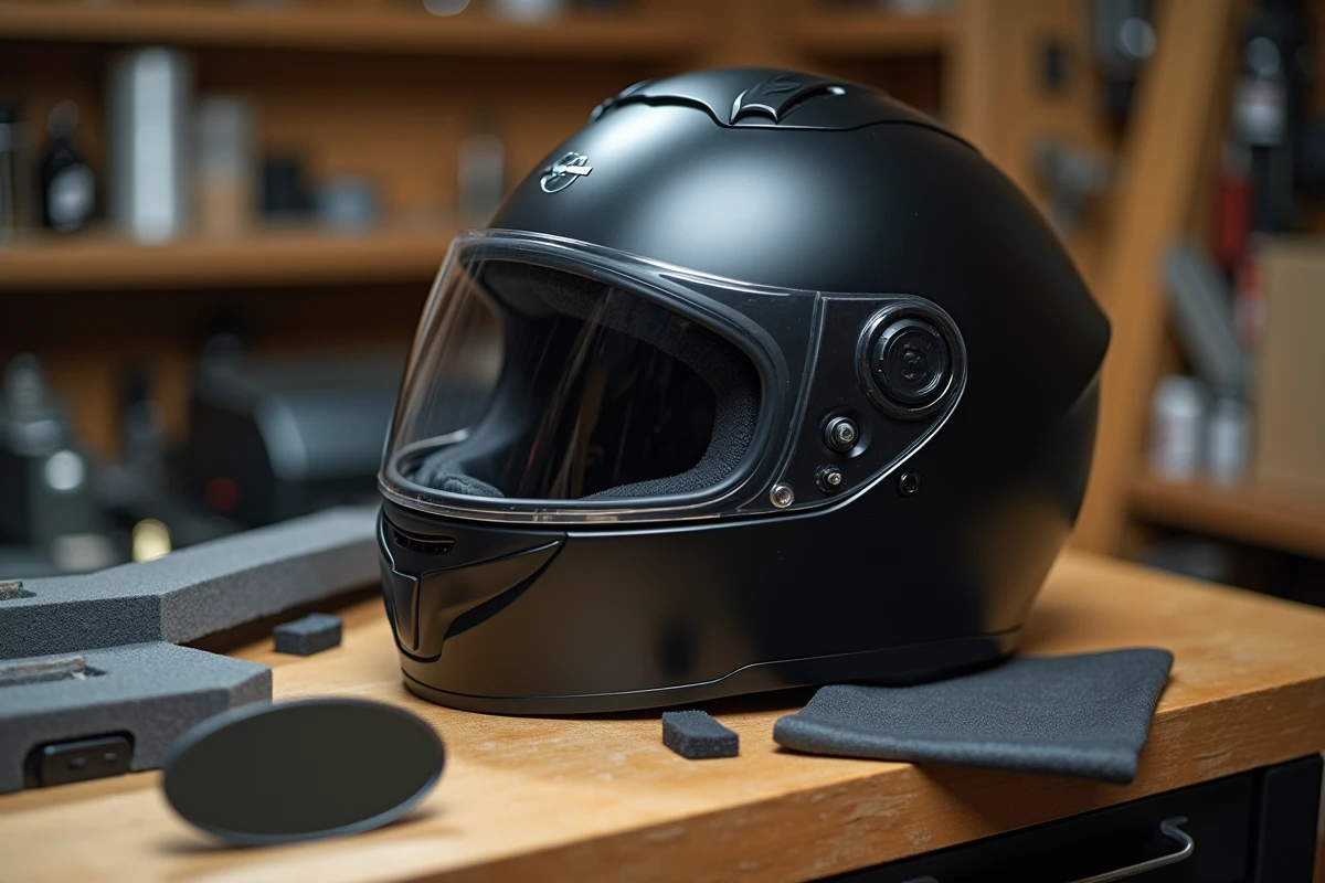 Casque moto ouvert sur un établi avec mousses intérieures et accessoires de réglage pour éviter les maux de tête