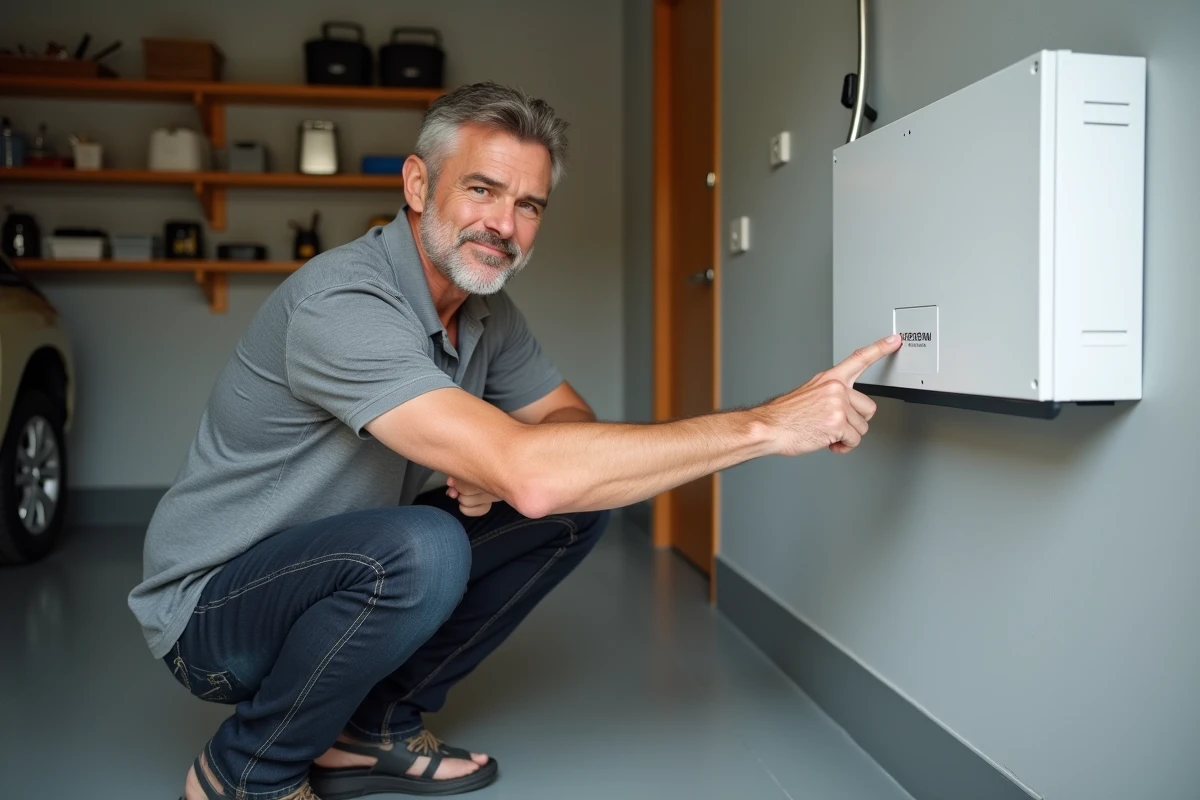 Homme appuyant sur le bouton de réinitialisation d'une motorisation de porte de garage Hormann SupraMatic E2