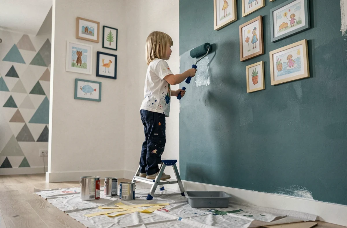 Garçon peignant un mur de chambre en sarcelle lors d'une décoration créative et participative