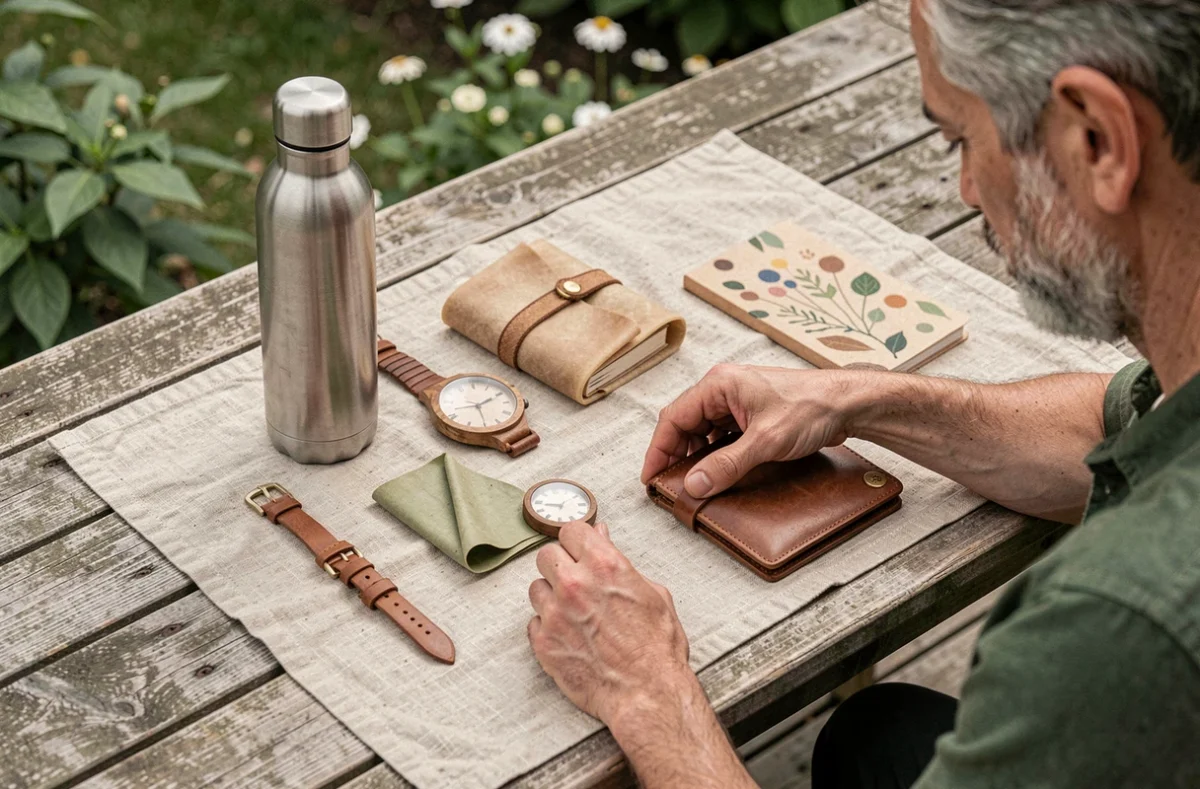 Sélection de cadeaux éco-responsables pour homme disposés en flat lay sur du lin naturel, incluant une gourde en inox, une montre en bois et un portefeuille en cuir recyclé