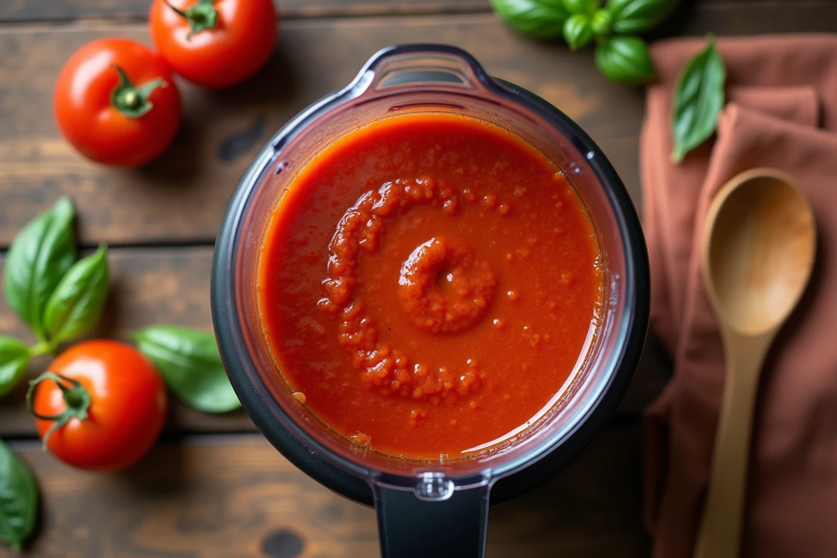 Vue du dessus d'un Nutribullet avec une soupe tomate et poivron sur une table en bois rustique