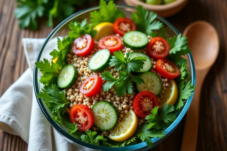Bol en verre rempli de taboulé frais avec persil, tomates et concombre sur une table en bois rustique, prêt à être congelé